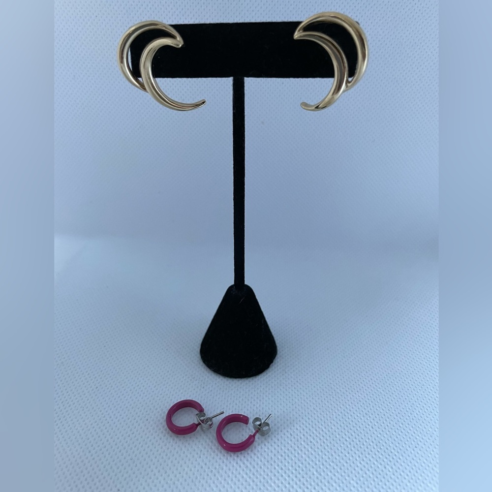 Double crescent shape gold tone, small hot pink color back post earrings